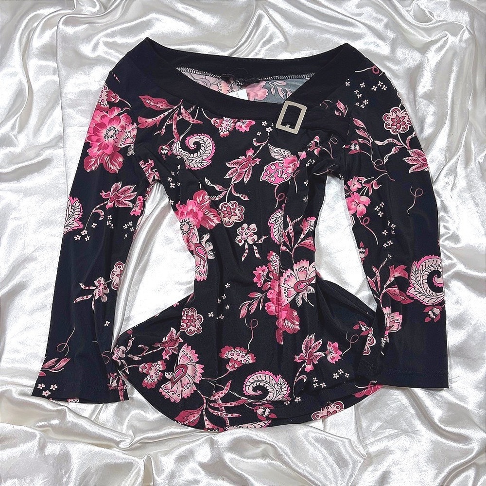 y2k Blouse Black Excellent Zn Pink Floral Paisley Buckle Neck Long Sleeve Top